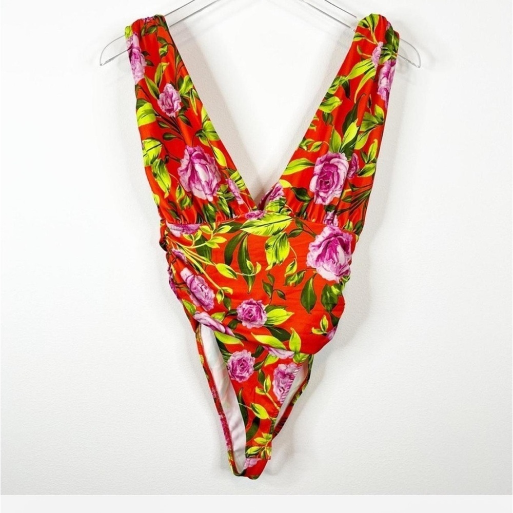 Zara Floral Ruched Draped Bodysuit Red Orange V-Neck Sleeveless Women’s Small - Picture 4 of 9
